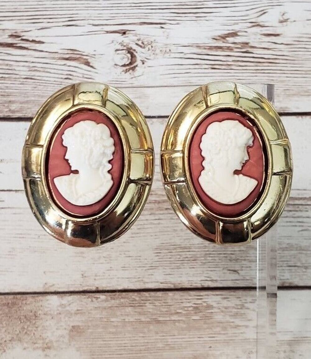 Vintage Clip On Earrings Extra Large Cameo Style Gold Tone with Red & Cream